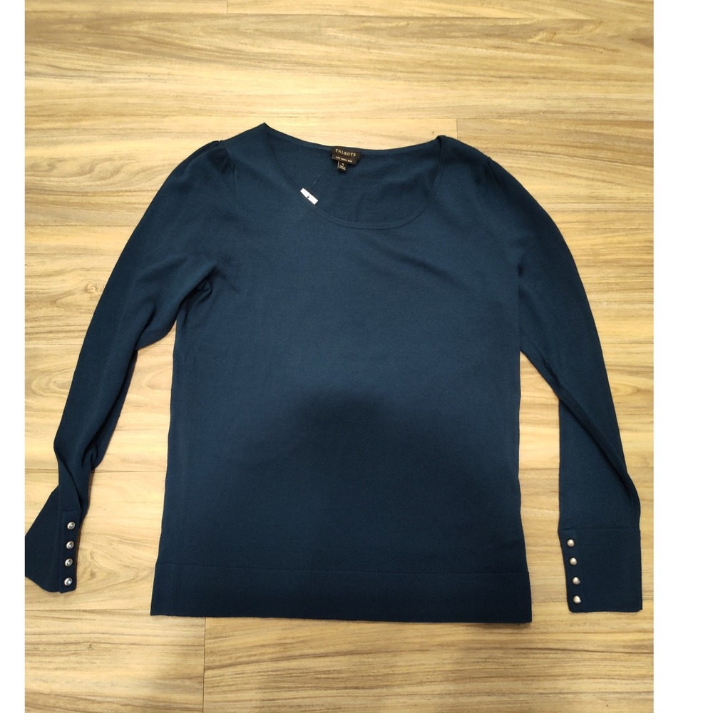 Talbots Womens Pure Merino Wool Scoop Neck Sweater Teal Blue Button Cuff S NEW